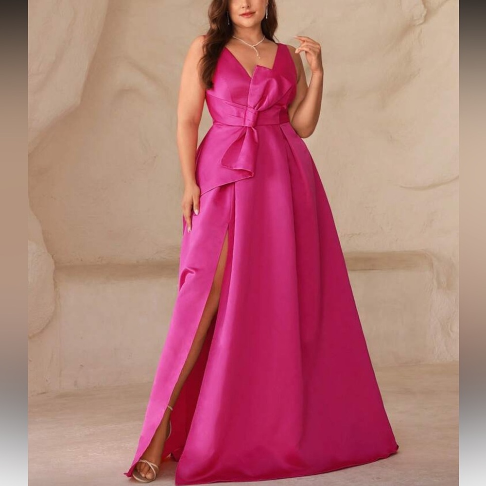 Fuchsia V-Neck Satin Evening Gown with Draped Bow and Slit - Picture 7 of 7